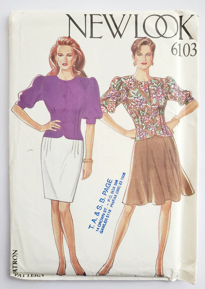 NEW LOOK Sewing Pattern 6103 Buttoned Blouse with Puff Sleeves, Straight Short Skirt, Flared Short Skirt Size 8-18