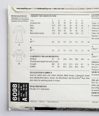 NEW LOOK Sewing Pattern 6098 Dress with Contoured Inset Waistband or Top Size 8-18