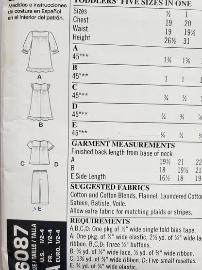 NEW LOOK Sewing Pattern 6087 Girls Kids Toddlers Dress, Top & Pants Size 1/2-4