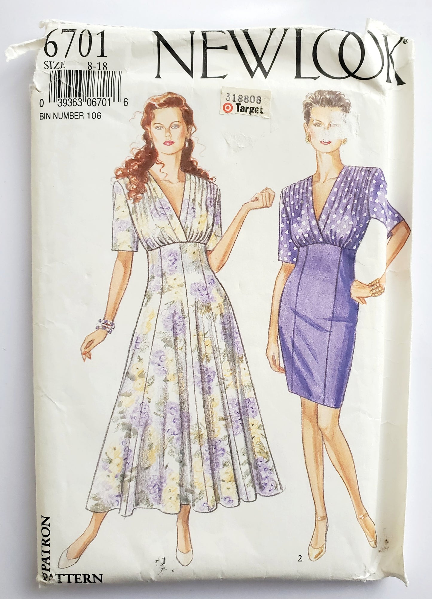 NEW LOOK Sewing Pattern 6701 Dress with Raised Waistline, Cross-Over Fabric on Chest.  Size 8-18