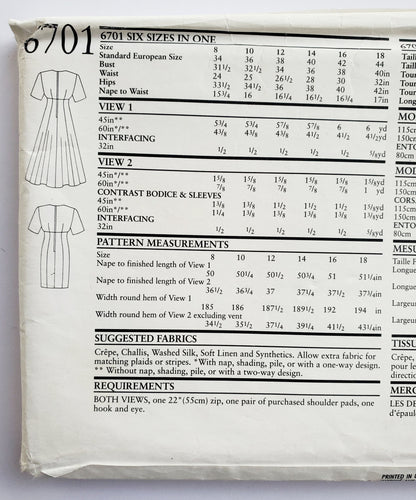 NEW LOOK Sewing Pattern 6701 Dress with Raised Waistline, Cross-Over Fabric on Chest.  Size 8-18