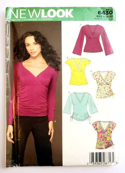 NEW LOOK Sewing Pattern 6430 Top Variations with Cross Over Fabric, Side Drawstrings & Ruched Style. Size 10-22