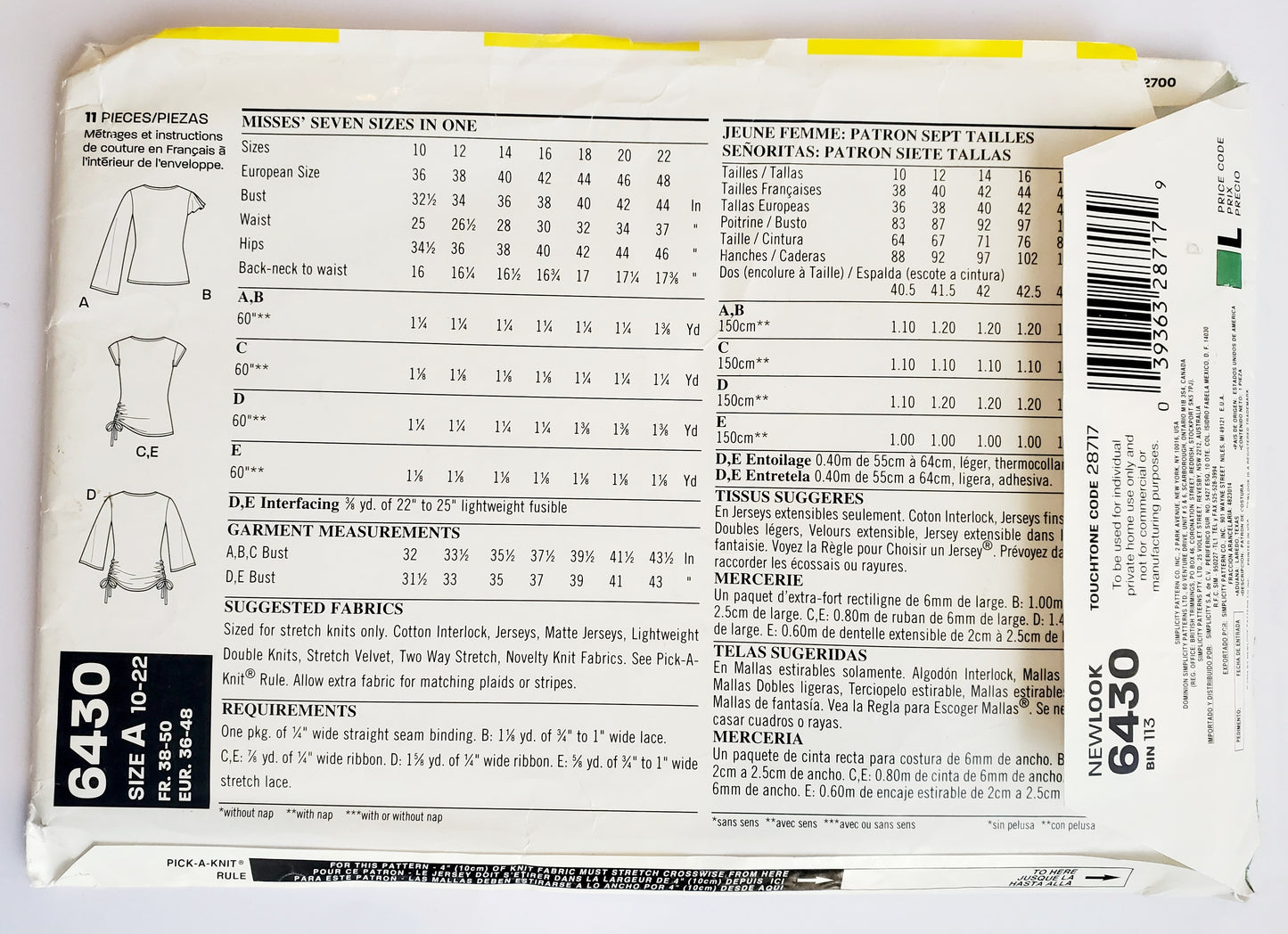 NEW LOOK Sewing Pattern 6430 Top Variations with Cross Over Fabric, Side Drawstrings & Ruched Style. Size 10-22