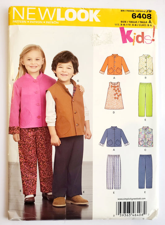 NEW LOOK Sewing Pattern 6408 Kids Boys & Girls Pants, Jacket, Dress Set. Size 3-8