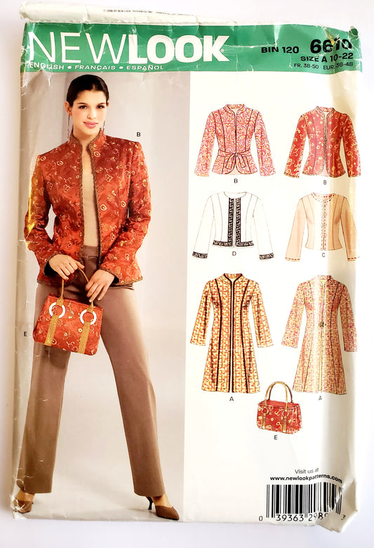 NEW LOOK Sewing Pattern 6610 Fitted Jackets Long or Waist Length, Oriental Style Jacket, Standing Collar, or Mandarin Collar. Size 10-22
