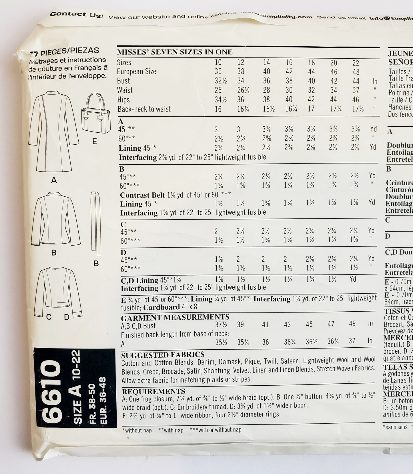 NEW LOOK Sewing Pattern 6610 Fitted Jackets Long or Waist Length, Oriental Style Jacket, Standing Collar, or Mandarin Collar. Size 10-22