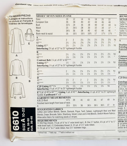 NEW LOOK Sewing Pattern 6610 Fitted Jackets Long or Waist Length, Oriental Style Jacket, Standing Collar, or Mandarin Collar. Size 10-22