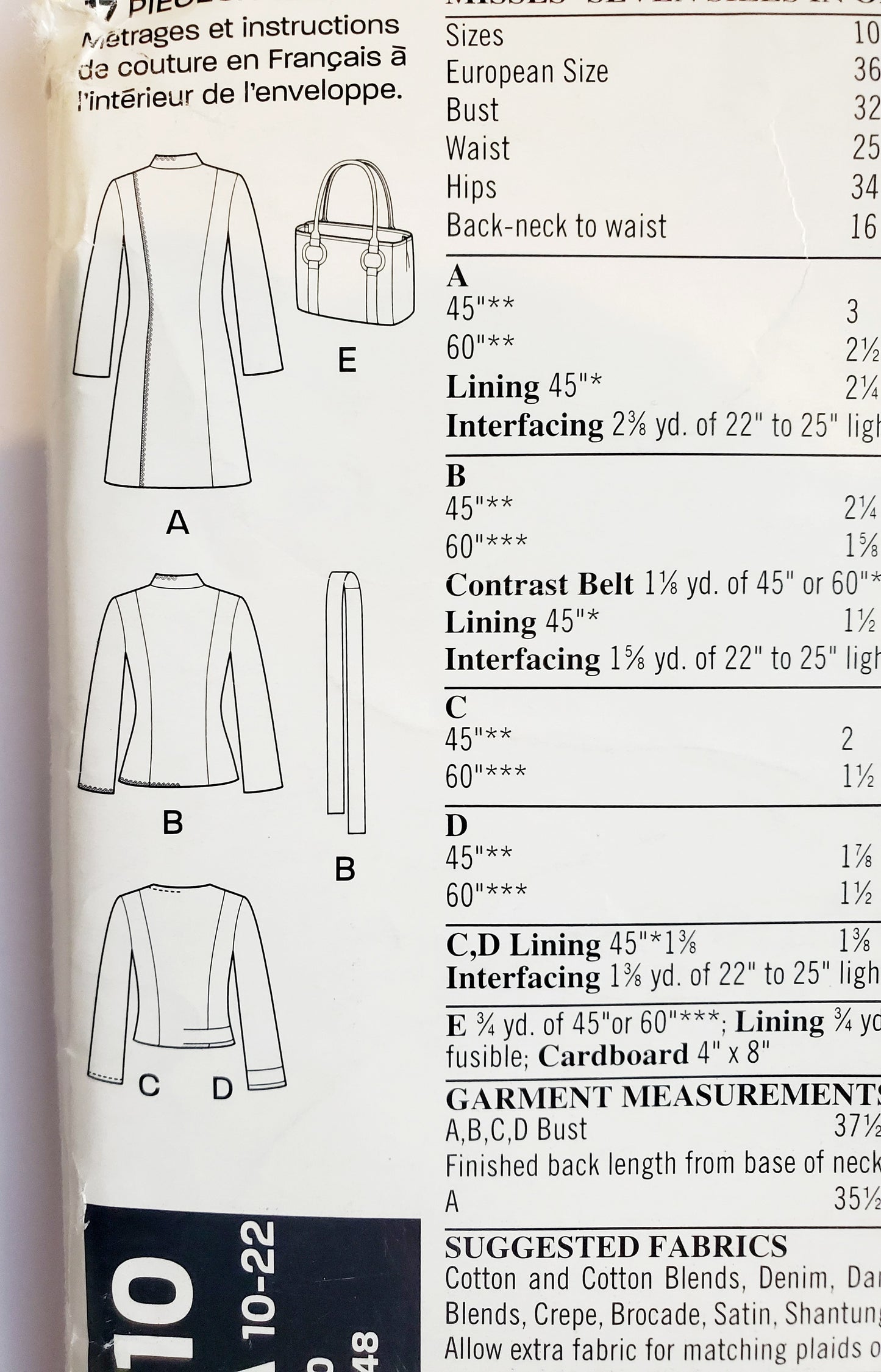 NEW LOOK Sewing Pattern 6610 Fitted Jackets Long or Waist Length, Oriental Style Jacket, Standing Collar, or Mandarin Collar. Size 10-22