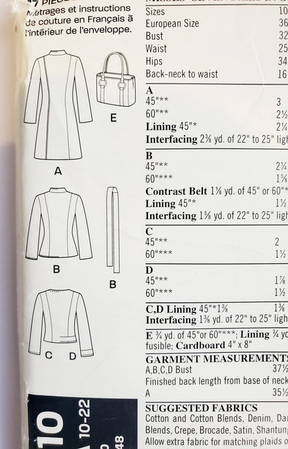 NEW LOOK Sewing Pattern 6610 Fitted Jackets Long or Waist Length, Oriental Style Jacket, Standing Collar, or Mandarin Collar. Size 10-22