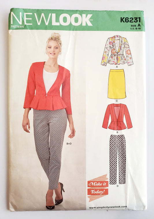 NEW LOOK Sewing Pattern K6231 Jacket with Shawl Collar, Peplum Waist, Skirt, and Pants. Size 8-18