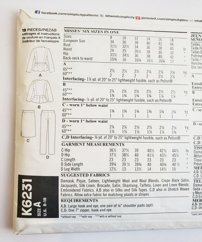 NEW LOOK Sewing Pattern K6231 Jacket with Shawl Collar, Peplum Waist, Skirt, and Pants. Size 8-18