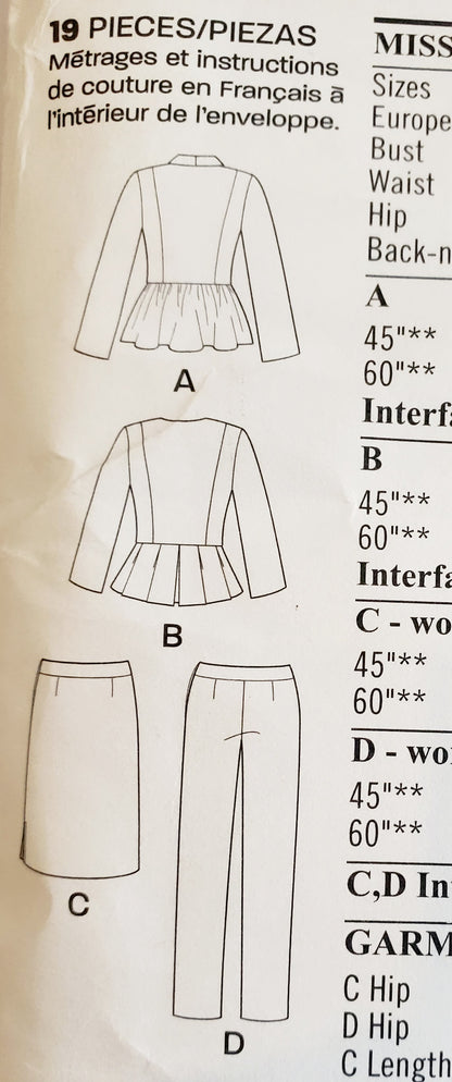NEW LOOK Sewing Pattern K6231 Jacket with Shawl Collar, Peplum Waist, Skirt, and Pants. Size 8-18