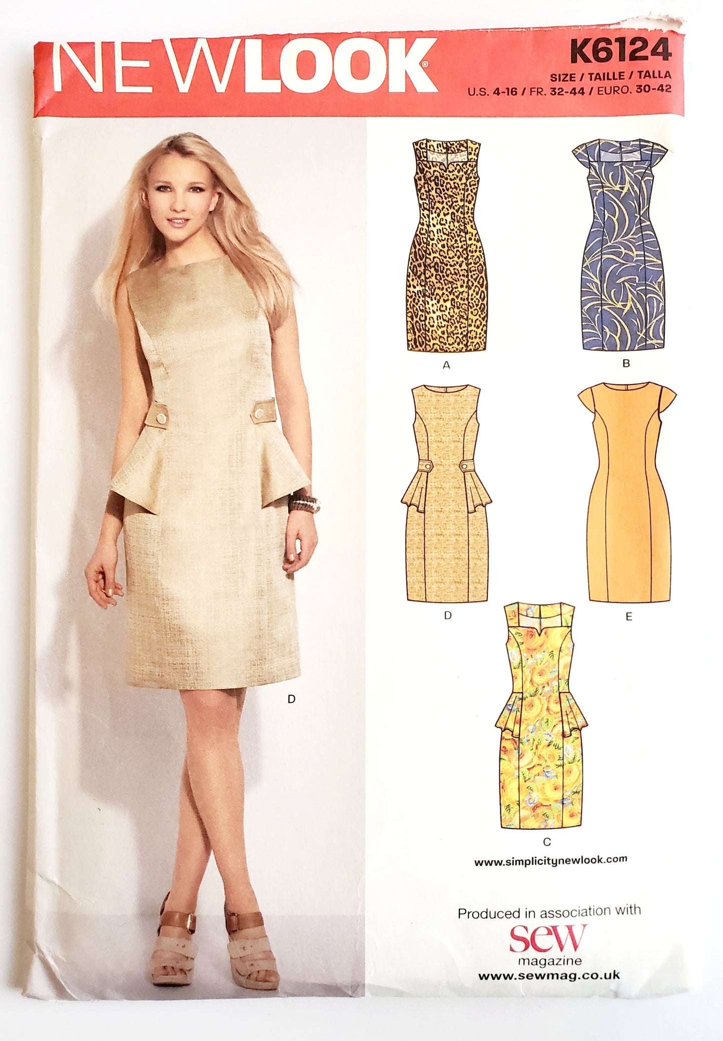 NEW LOOK Sewing Pattern K6124 Sleeveless Peplum Pencil Dress. Size 4-16