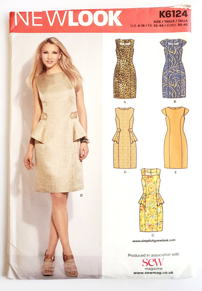 NEW LOOK Sewing Pattern K6124 Sleeveless Peplum Pencil Dress. Size 4-16