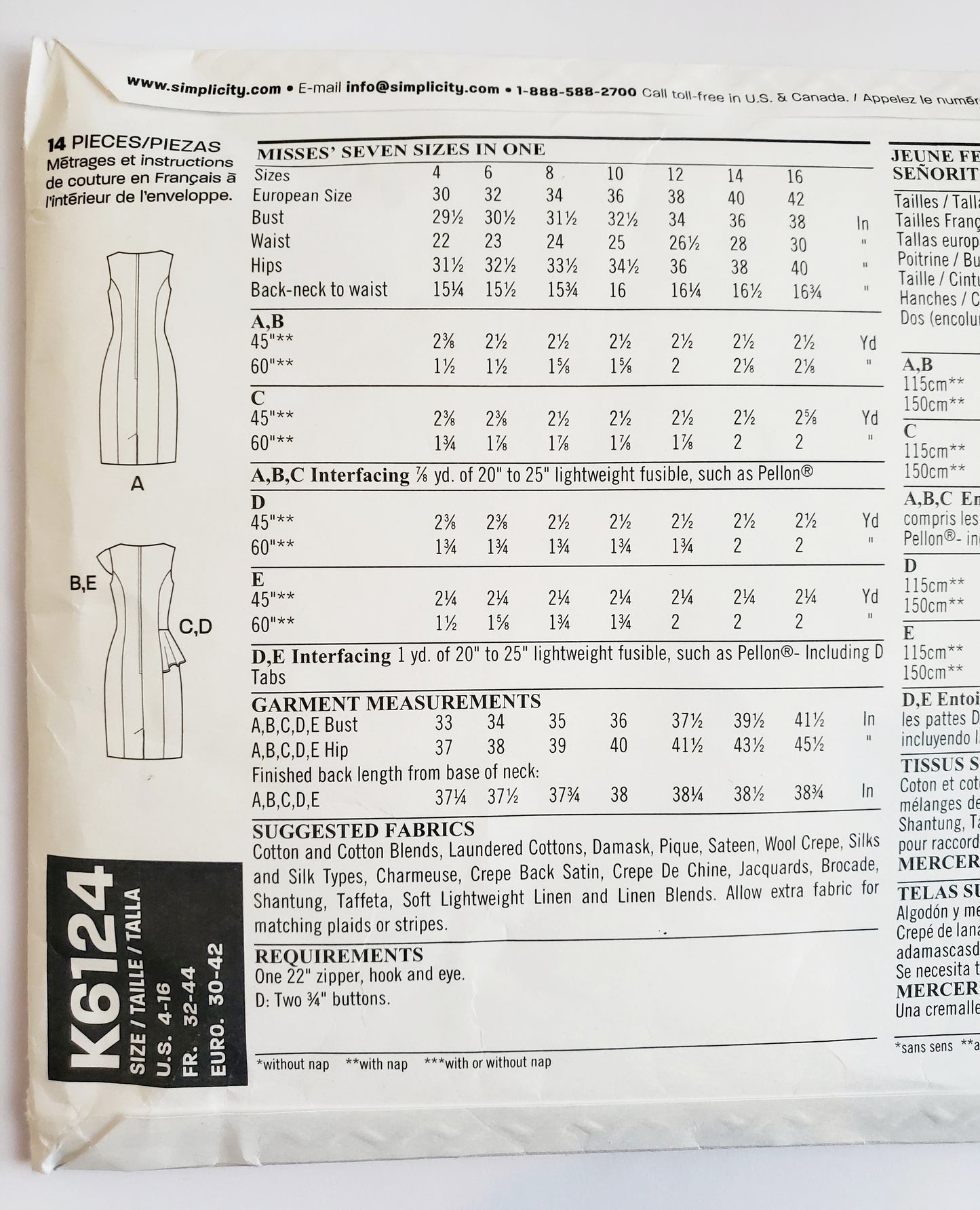 NEW LOOK Sewing Pattern K6124 Sleeveless Peplum Pencil Dress. Size 4-16