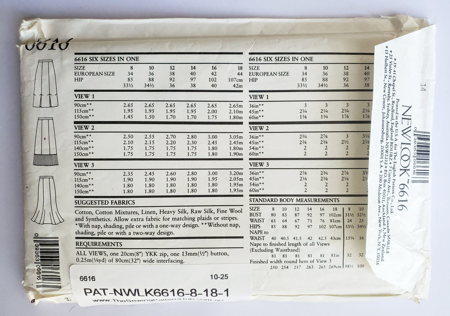 NEW LOOK Sewing Pattern 6616 Skirts with Variations, Lower Pleats. Size 8-18