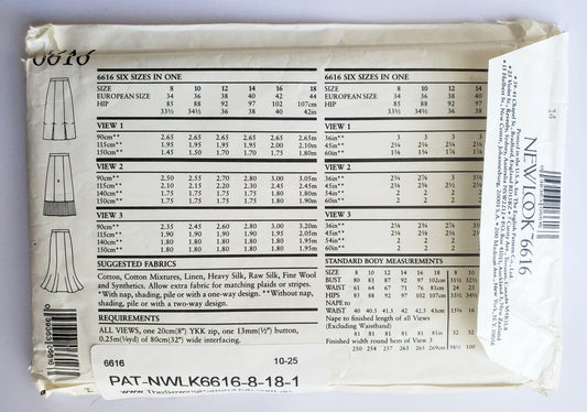 NEW LOOK Sewing Pattern 6616 Skirts with Variations, Lower Pleats. Size 8-18