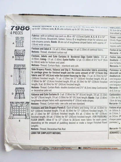 SIMPLICITY Sewing Pattern 7986 Home Decorating, Festoon, Jabot, Cafe Curtains, Valance