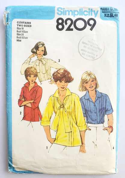 SIMPLICITY Sewing Pattern 8209, Vintage Blouse, Pullover Top, Front Slash Opening, Cuffs, Size 18, 20