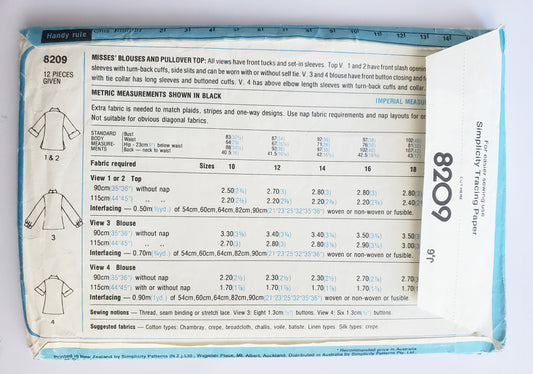 SIMPLICITY Sewing Pattern 8209, Vintage Blouse, Pullover Top, Front Slash Opening, Cuffs, Size 18, 20