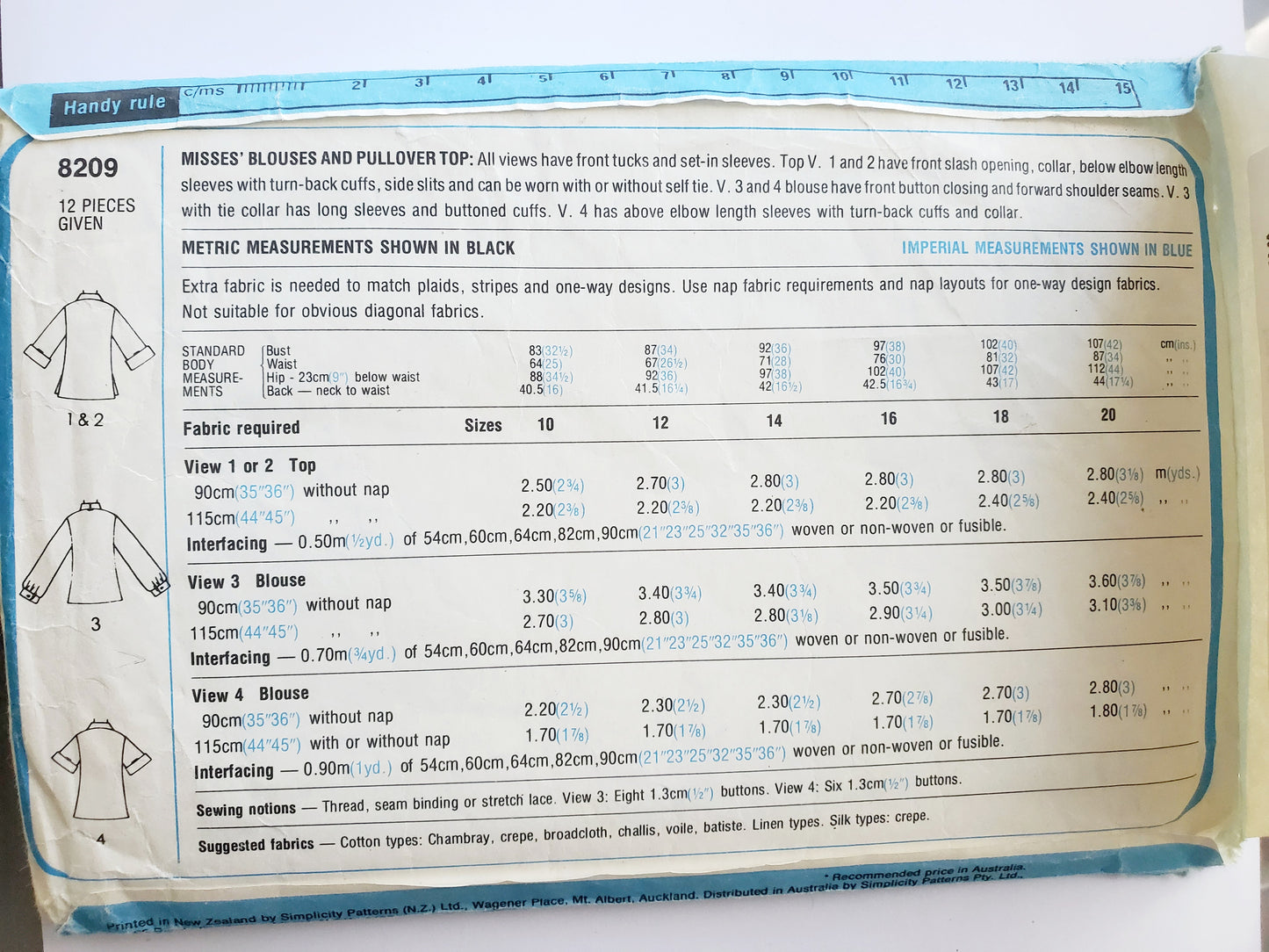 SIMPLICITY Sewing Pattern 8209, Vintage Blouse, Pullover Top, Front Slash Opening, Cuffs, Size 18, 20