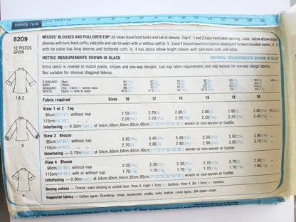 SIMPLICITY Sewing Pattern 8209, Vintage Blouse, Pullover Top, Front Slash Opening, Cuffs, Size 18, 20