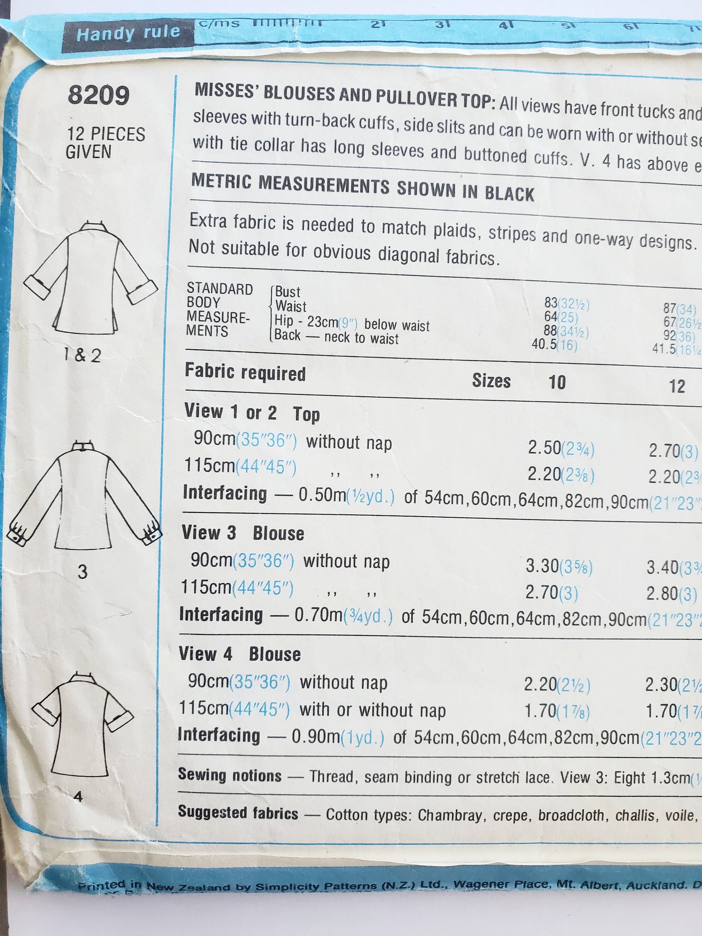 SIMPLICITY Sewing Pattern 8209, Vintage Blouse, Pullover Top, Front Slash Opening, Cuffs, Size 18, 20