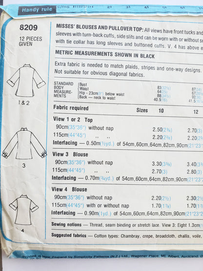 SIMPLICITY Sewing Pattern 8209, Vintage Blouse, Pullover Top, Front Slash Opening, Cuffs, Size 18, 20