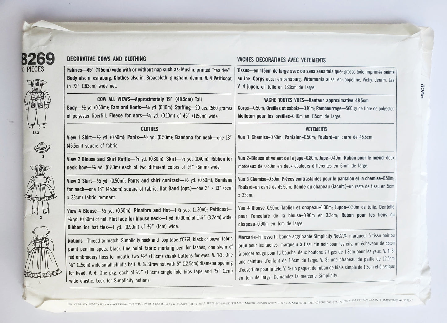 SIMPLICITY Sewing Pattern 8269, Crafts, Faith Van Zanten, Toy Cows and Clothing, Farm Animal, Stuffed Toy