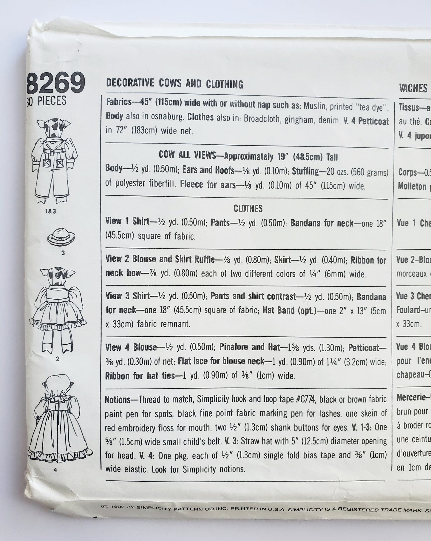 SIMPLICITY Sewing Pattern 8269, Crafts, Faith Van Zanten, Toy Cows and Clothing, Farm Animal, Stuffed Toy