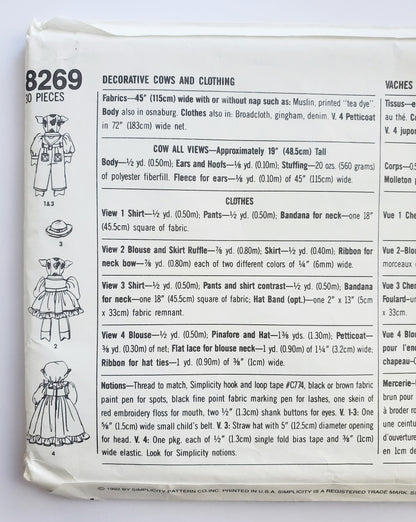 SIMPLICITY Sewing Pattern 8269, Crafts, Faith Van Zanten, Toy Cows and Clothing, Farm Animal, Stuffed Toy