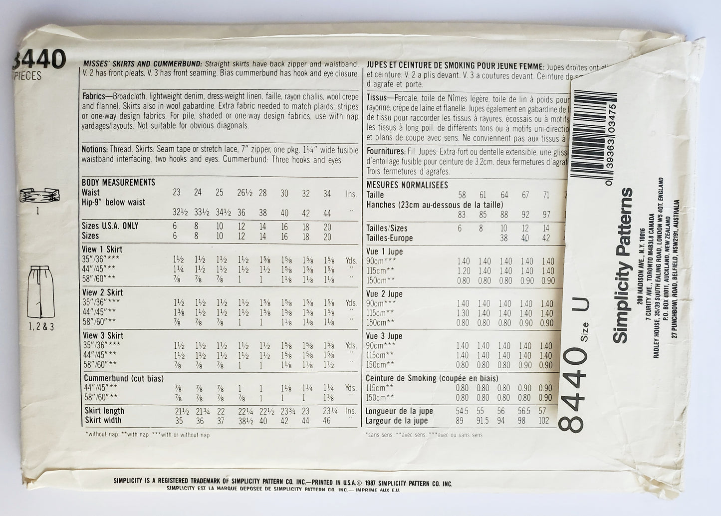 SIMPLICITY Sewing Pattern 8440, Skirt, Cummerbund, Size 16-20