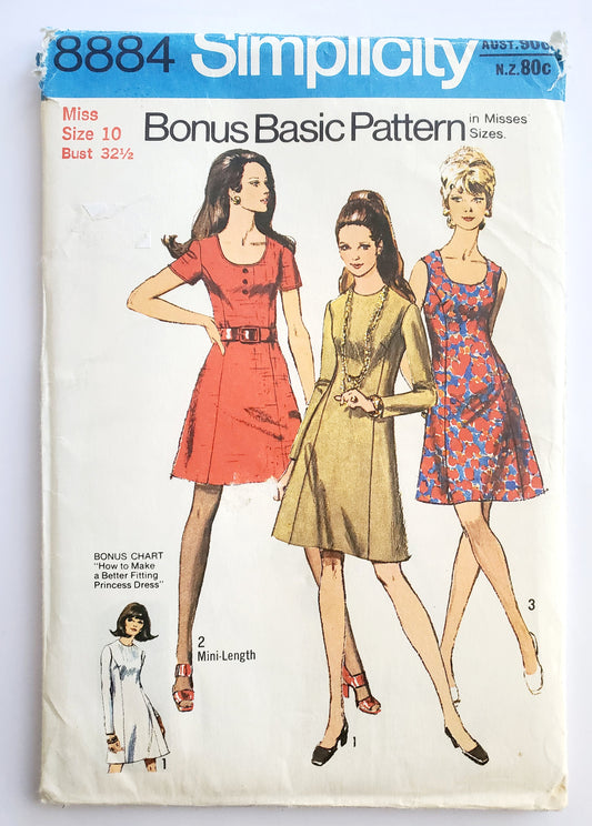 SIMPLICITY Sewing Pattern 8884, Princess Dress, Necklines, Two Lengths, Basic Dress, Size 10