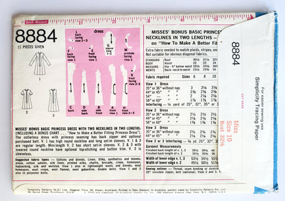 SIMPLICITY Sewing Pattern 8884, Princess Dress, Necklines, Two Lengths, Basic Dress, Size 10