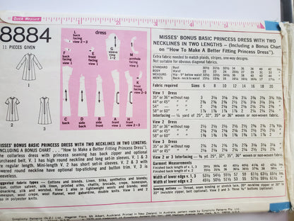 SIMPLICITY Sewing Pattern 8884, Princess Dress, Necklines, Two Lengths, Basic Dress, Size 10