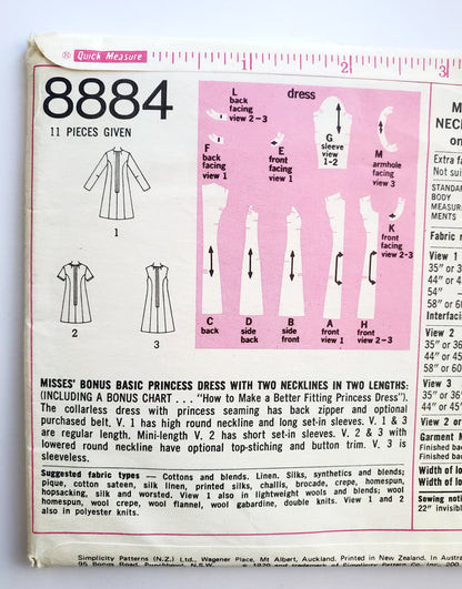 SIMPLICITY Sewing Pattern 8884, Princess Dress, Necklines, Two Lengths, Basic Dress, Size 10