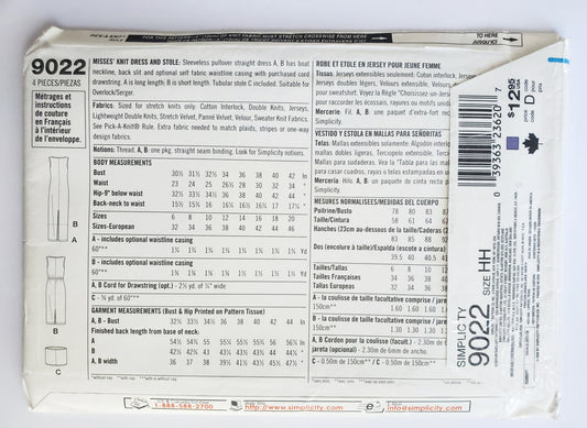 SIMPLICITY Sewing Pattern 9022, Knit Dress, Stole, Boat Neckline, Pullover Dress, Size 6-12