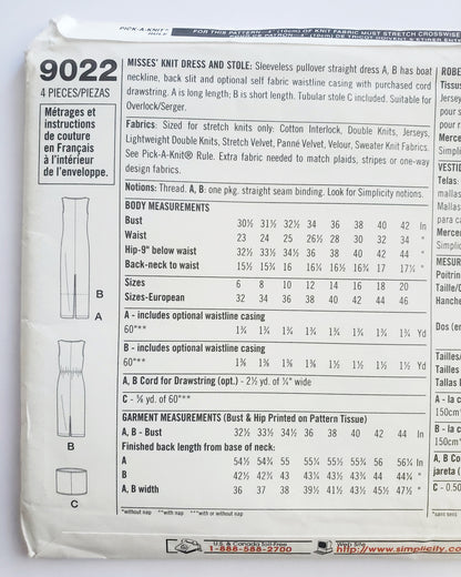 SIMPLICITY Sewing Pattern 9022, Knit Dress, Stole, Boat Neckline, Pullover Dress, Size 6-12