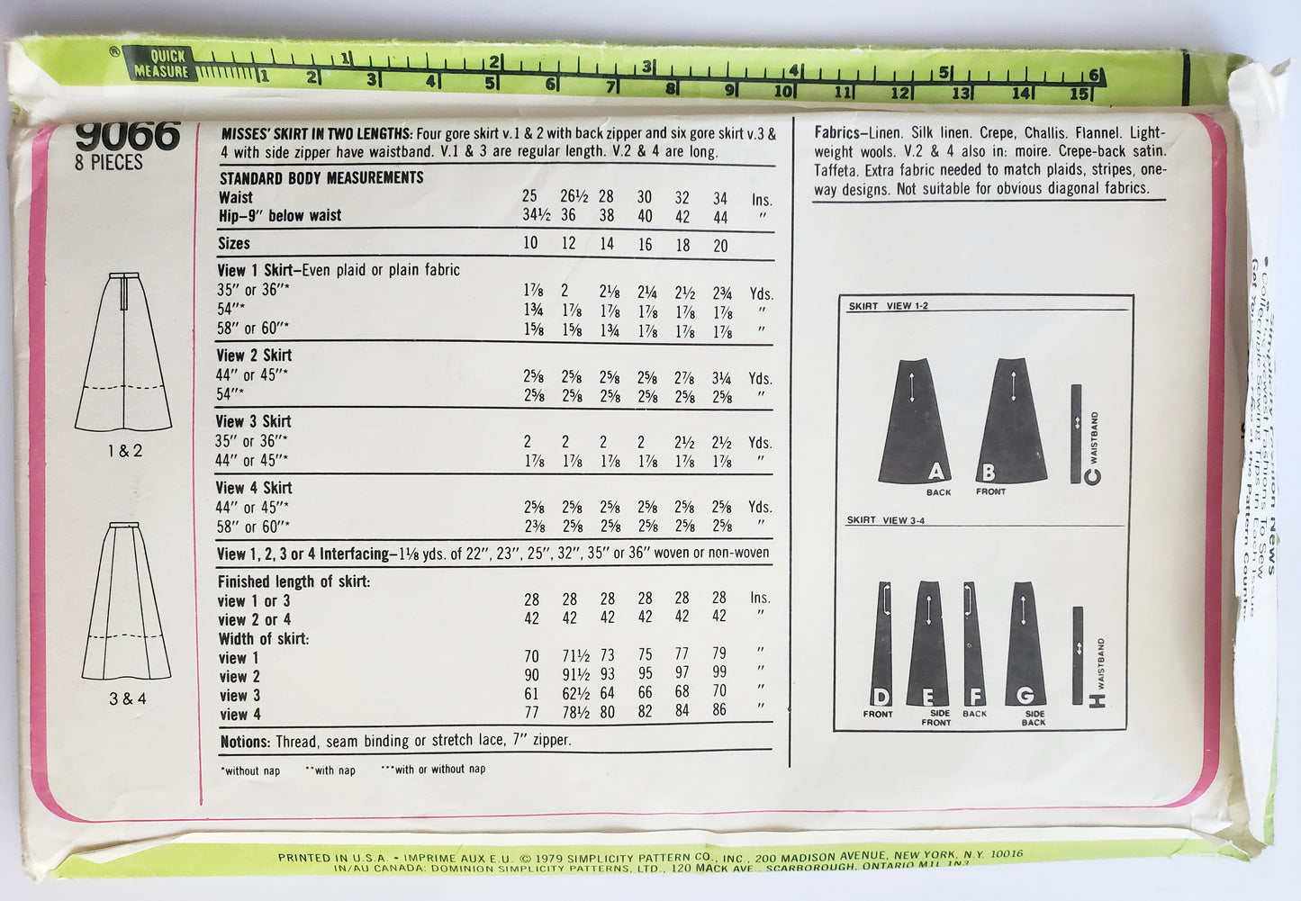 SIMPLICITY Sewing Pattern 9066, 70's, Skirts in Two Lengths, Four Gores, Size 10