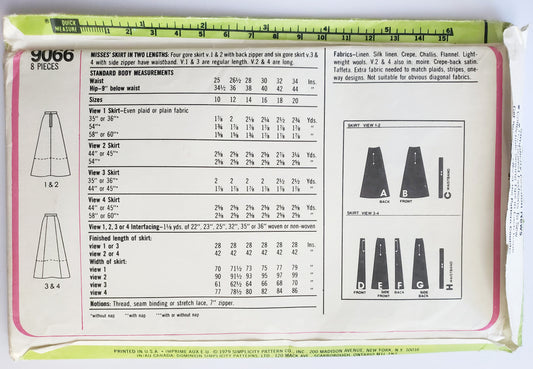 SIMPLICITY Sewing Pattern 9066, 70's, Skirts in Two Lengths, Four Gores, Size 10