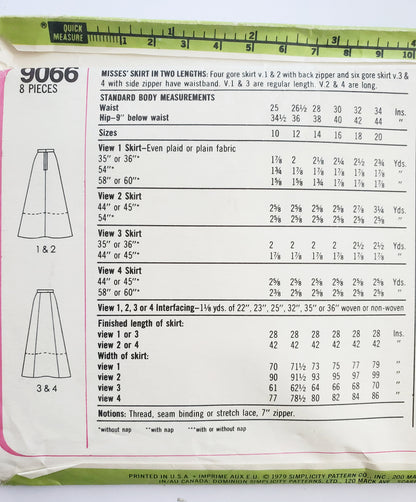 SIMPLICITY Sewing Pattern 9066, 70's, Skirts in Two Lengths, Four Gores, Size 10