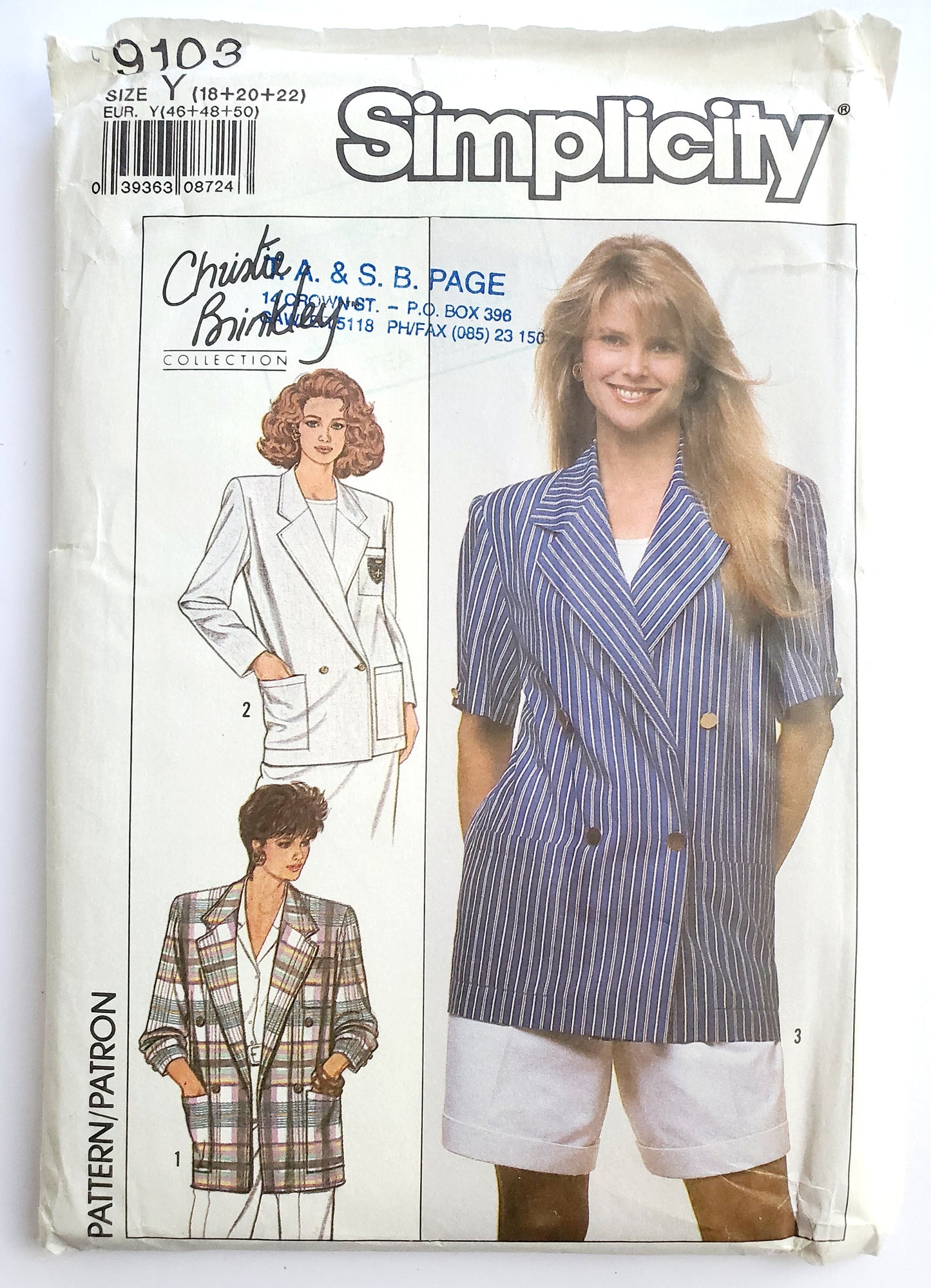 SIMPLICITY Sewing Pattern 9103, Unlined Jacket, Notched Collar, Christie Brinkley, Size 18-22