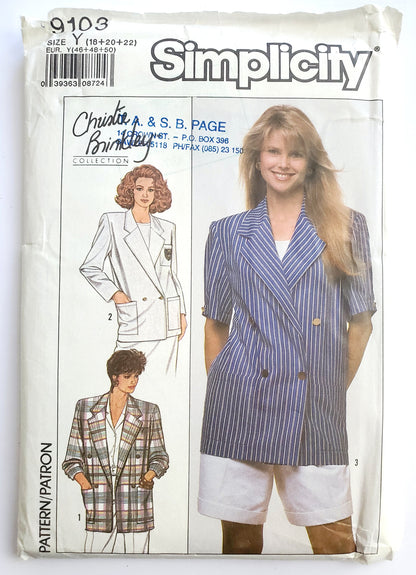 SIMPLICITY Sewing Pattern 9103, Unlined Jacket, Notched Collar, Christie Brinkley, Size 18-22