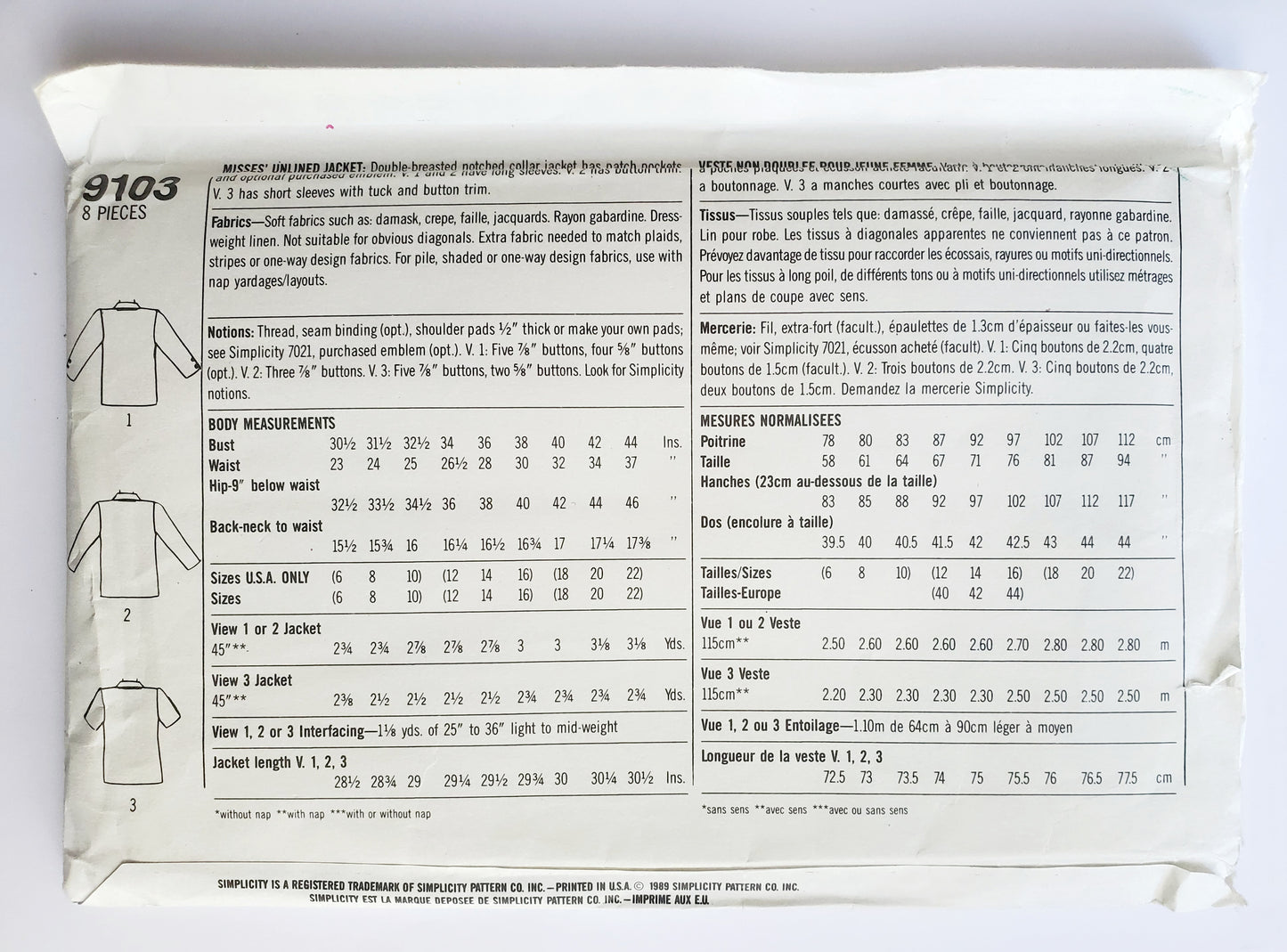 SIMPLICITY Sewing Pattern 9103, Unlined Jacket, Notched Collar, Christie Brinkley, Size 18-22