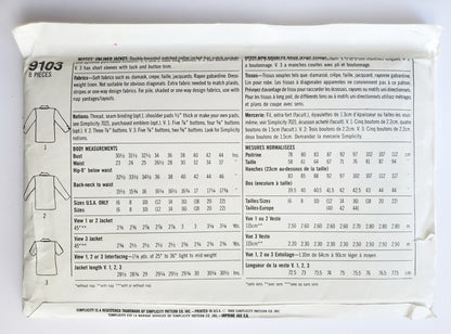 SIMPLICITY Sewing Pattern 9103, Unlined Jacket, Notched Collar, Christie Brinkley, Size 18-22