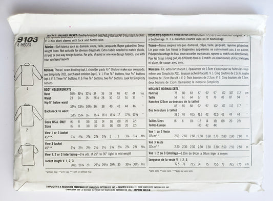 SIMPLICITY Sewing Pattern 9103, Unlined Jacket, Notched Collar, Christie Brinkley, Size 18-22