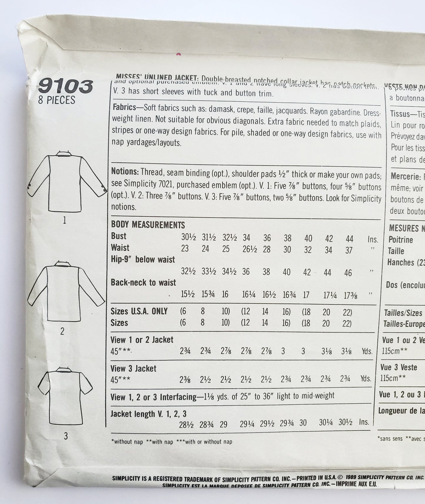 SIMPLICITY Sewing Pattern 9103, Unlined Jacket, Notched Collar, Christie Brinkley, Size 18-22