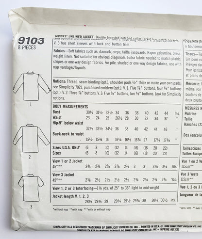 SIMPLICITY Sewing Pattern 9103, Unlined Jacket, Notched Collar, Christie Brinkley, Size 18-22