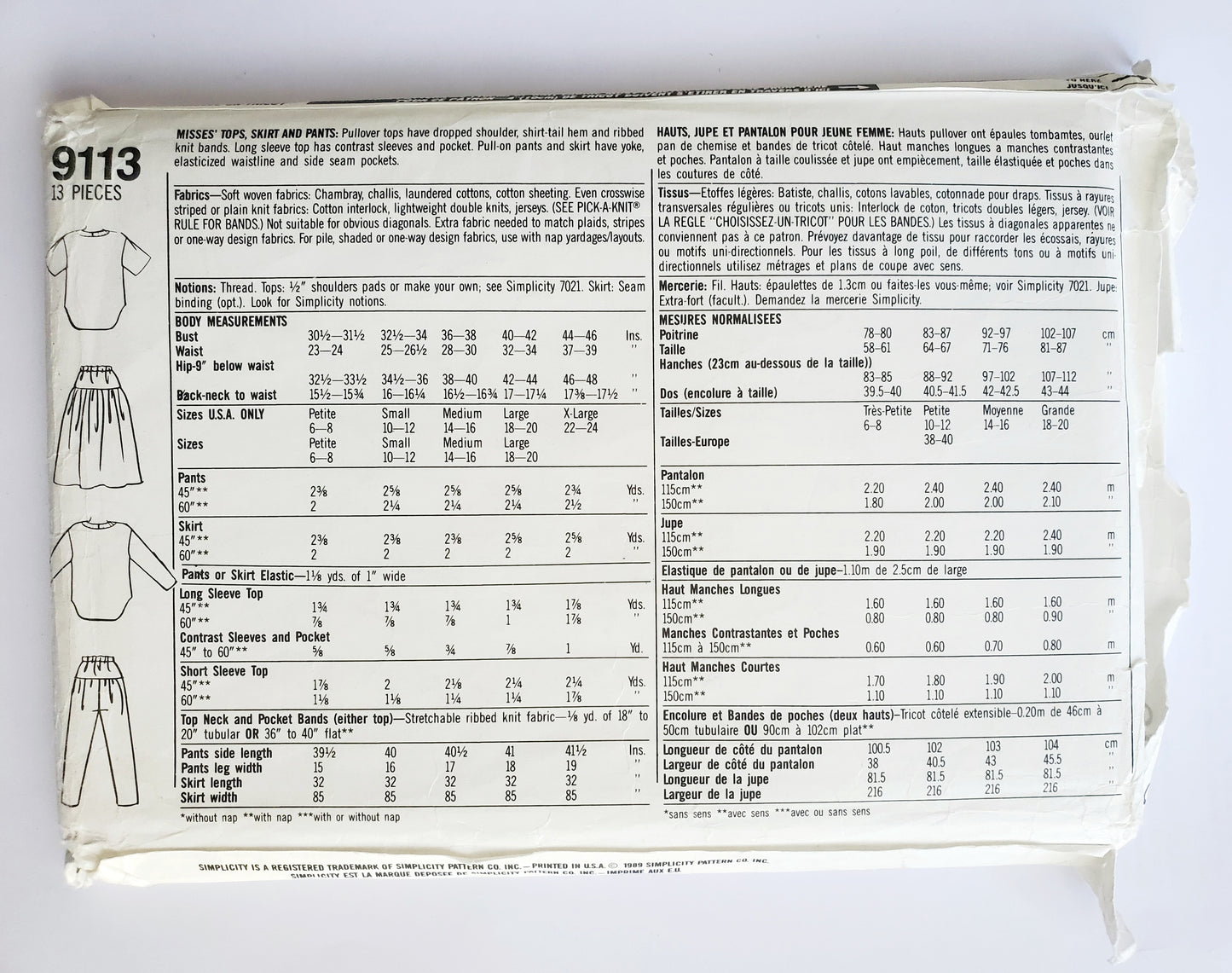 SIMPLICITY Sewing Pattern 9113, Tops, Skirts, Pants, Yoke, Contrast, Ribbed Knit Bands, Size 10-16