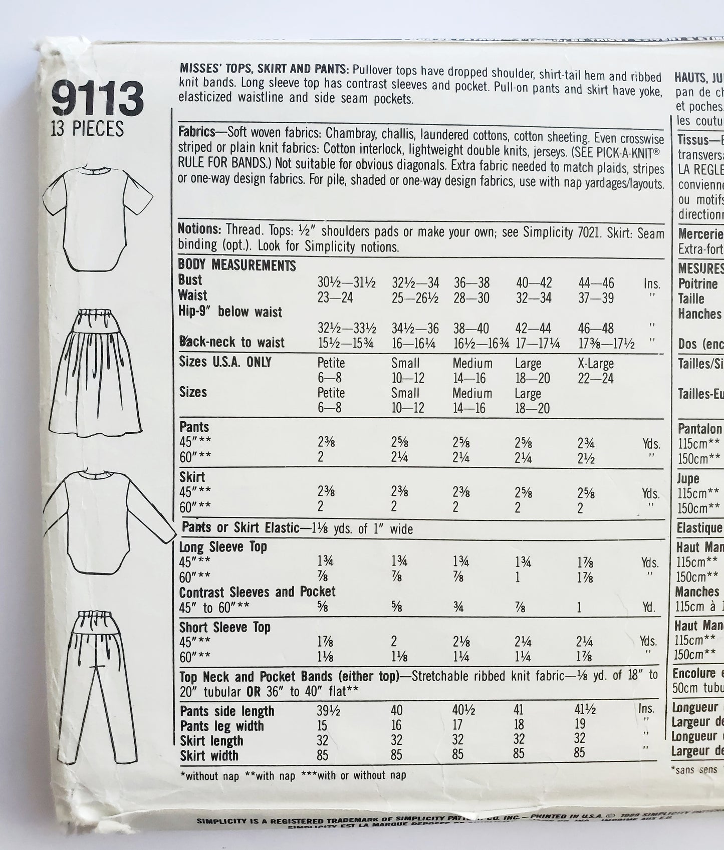 SIMPLICITY Sewing Pattern 9113, Tops, Skirts, Pants, Yoke, Contrast, Ribbed Knit Bands, Size 10-16